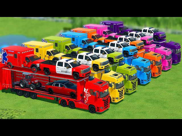 TRANSPORTING POLICE CARS, FIRE TRUCKS, AND CARS WITH SCANIA TRUCKS - Farming Simulator 22 class=
