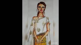 lehenga + crop top with realistic embroidary effect  illustration (white and yellow combination).