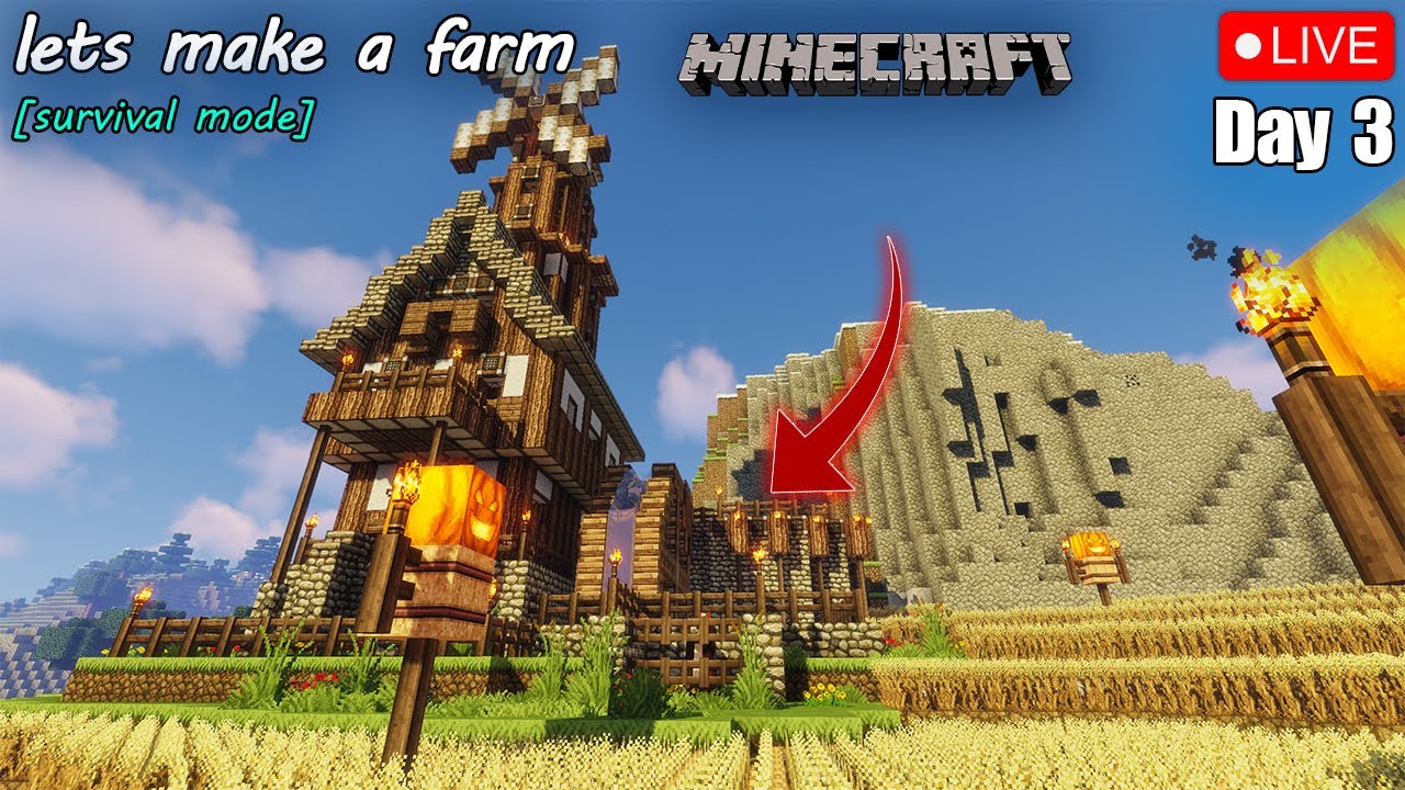 Lets Make a Farm in Minecraft LIVE 🔴[ Survival mode ] DAY 3 - YouTube