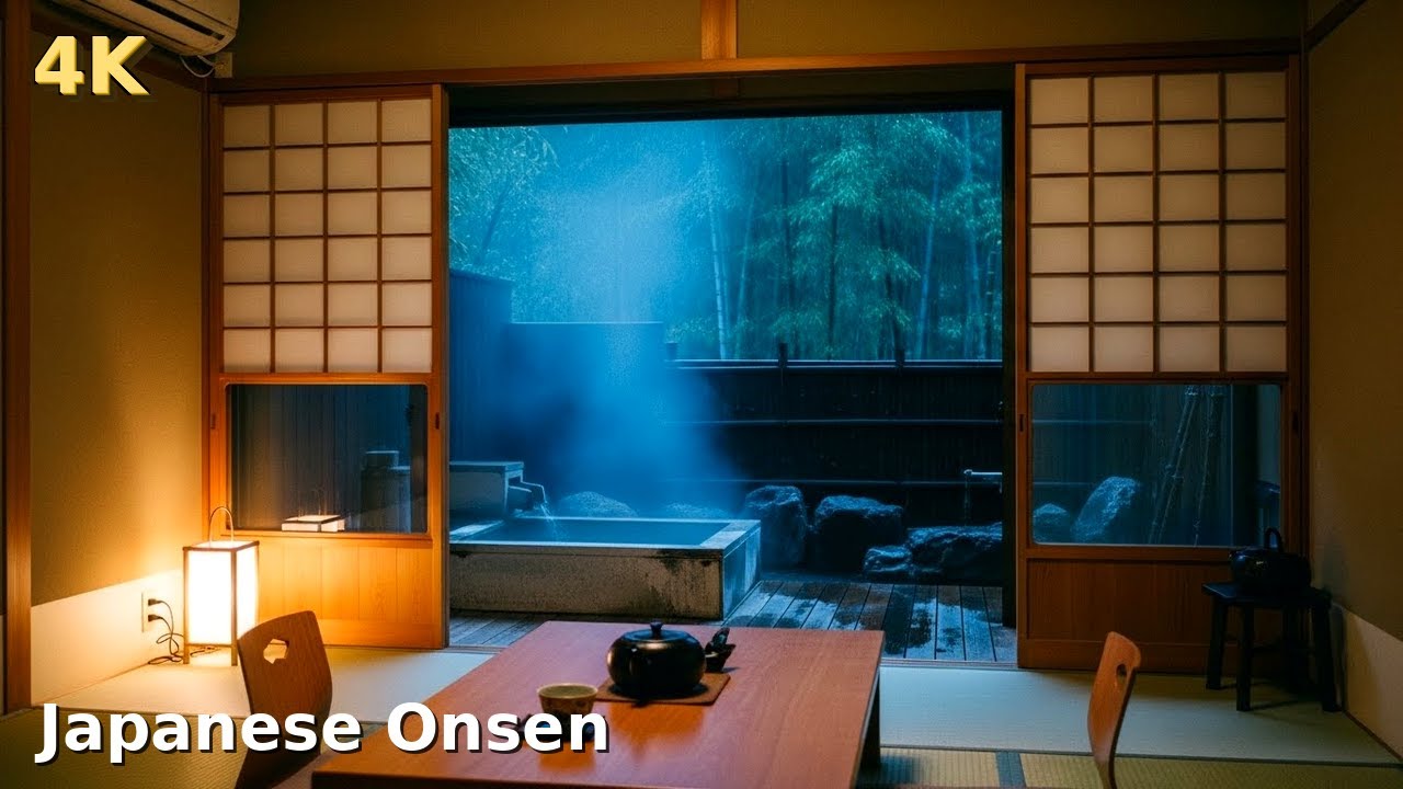 🌧️ Rainy Night in Japan | Onsen Hot Spring Ambience | 4 Hours for Deep Sleep
