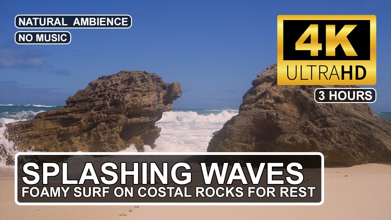 3 Hours Foamy Waves Crashing Over Rocks | Natural ASMR Beach Sounds for Deep Sleep & Deep Focus