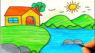 Kolay Manzara Resmi Çizimi Doğa Resmi Çizimi - How To Draw Very Easy Landscape - Manzara Resmi
