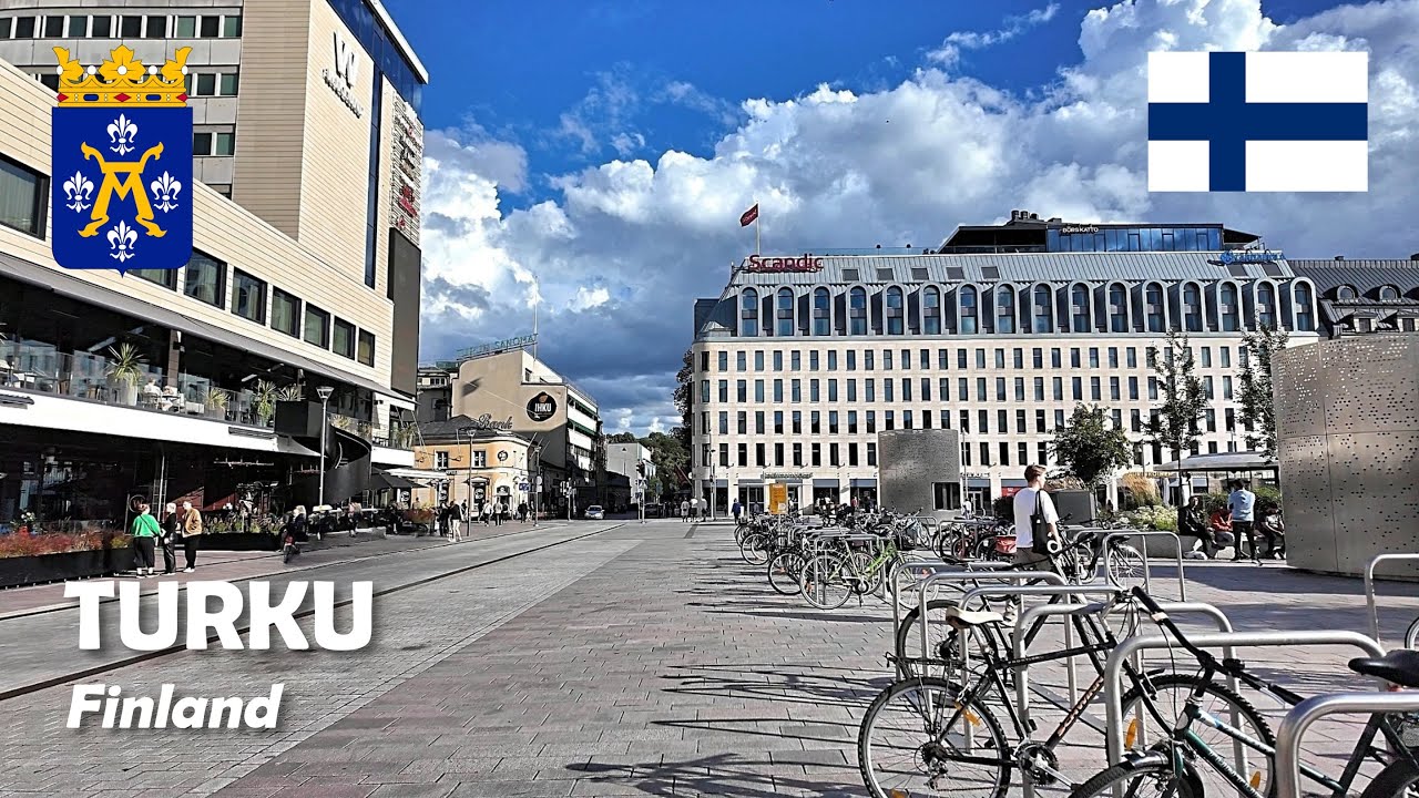 Turku, Finland. A walking tour in the city center. 4K