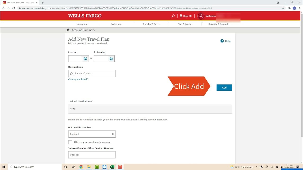 Add a New Travel Plan in Wells Fargo YouTube
