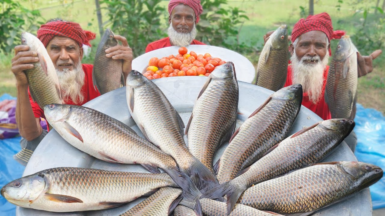 Big Rohu Fish Cutting & Cooking by Grandpa – Tomato Mixed Delicious Rui Fish Curry Recipe