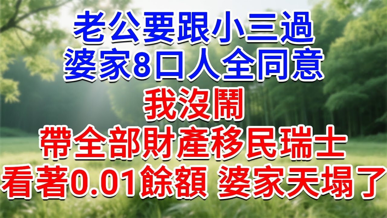 老公要跟小三過，婆家8口人全同意，我沒鬧 帶全部財產移民瑞士，看著0.01餘額 婆家天塌了！#為人處世#生活經驗#情感故事#故事#小說#戀愛#情感#婚姻