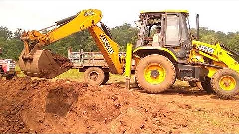 JCB Backhoe Machine Making Drain and Loading Soil in Tractor- JCB Working For Road Construction U765