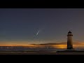Timelapse of comet Neowise over the Point of Ayr lighthouse at night on Talacre beach, North Wales