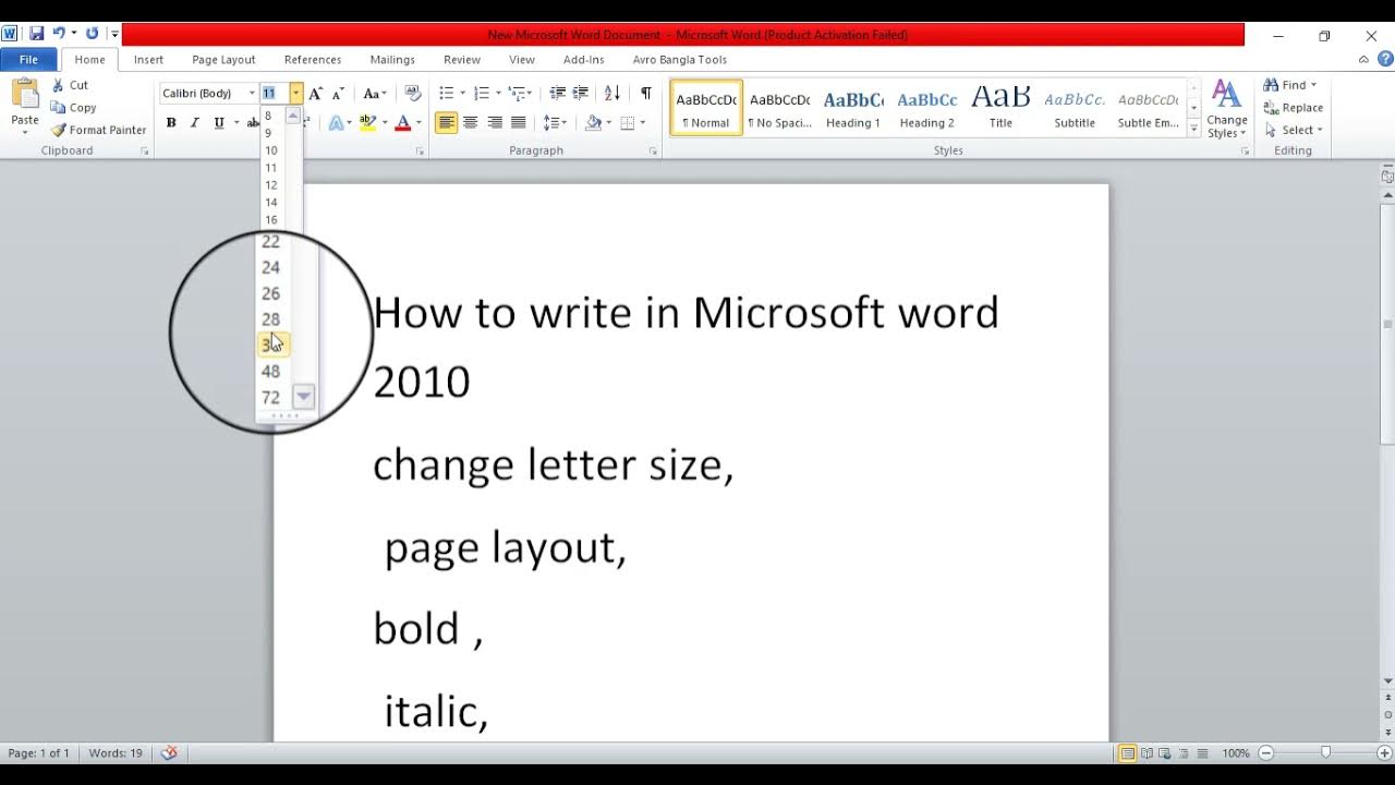 How to write in Microsoft word, change letter, size page layout, bold