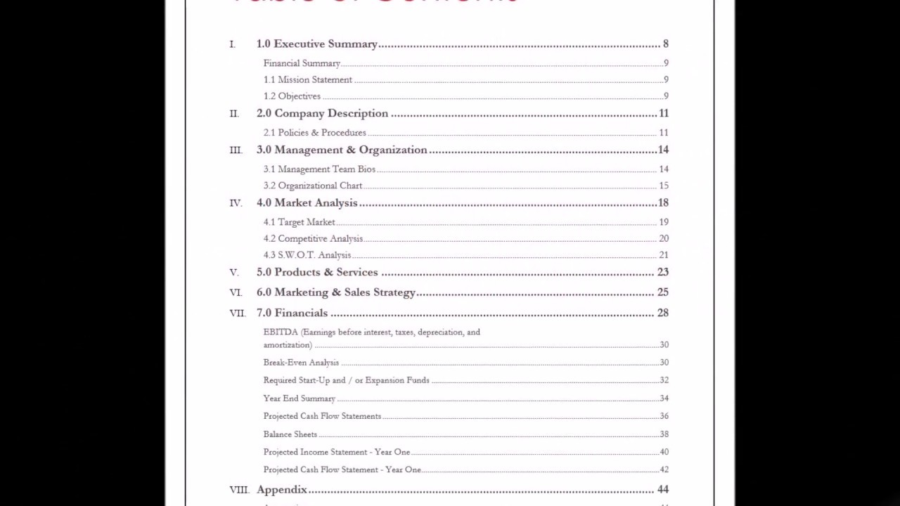 restaurant business plan table of contents