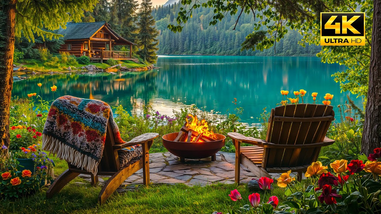 Springtime Lake Calming Springtime Lake with Gentle Nature Sounds, Crackling Fire ...