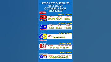 Lotto Result Today 9PM Draw October 2, 2025  THURSDAY PCSO SWERTRES EZ2