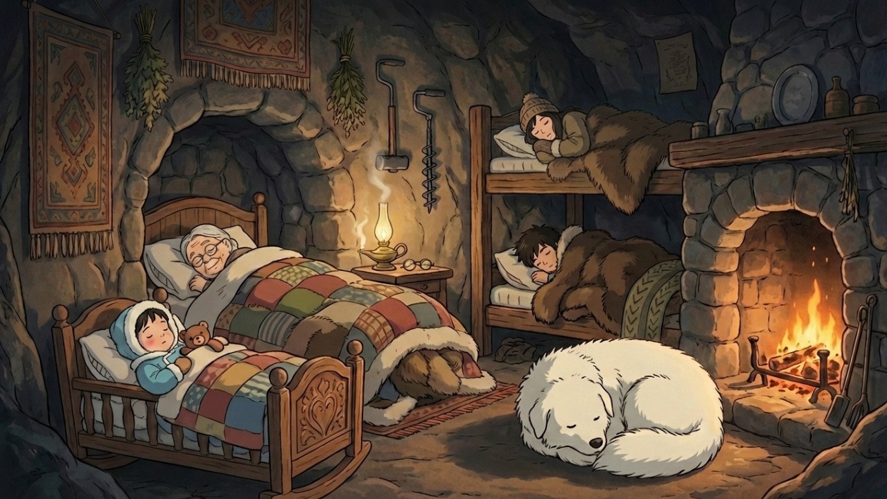 Cozy Snowy Night in a Stone Cottage: Fireplace, Quilts & Sleeping Family | Ghibli-Style ASMR