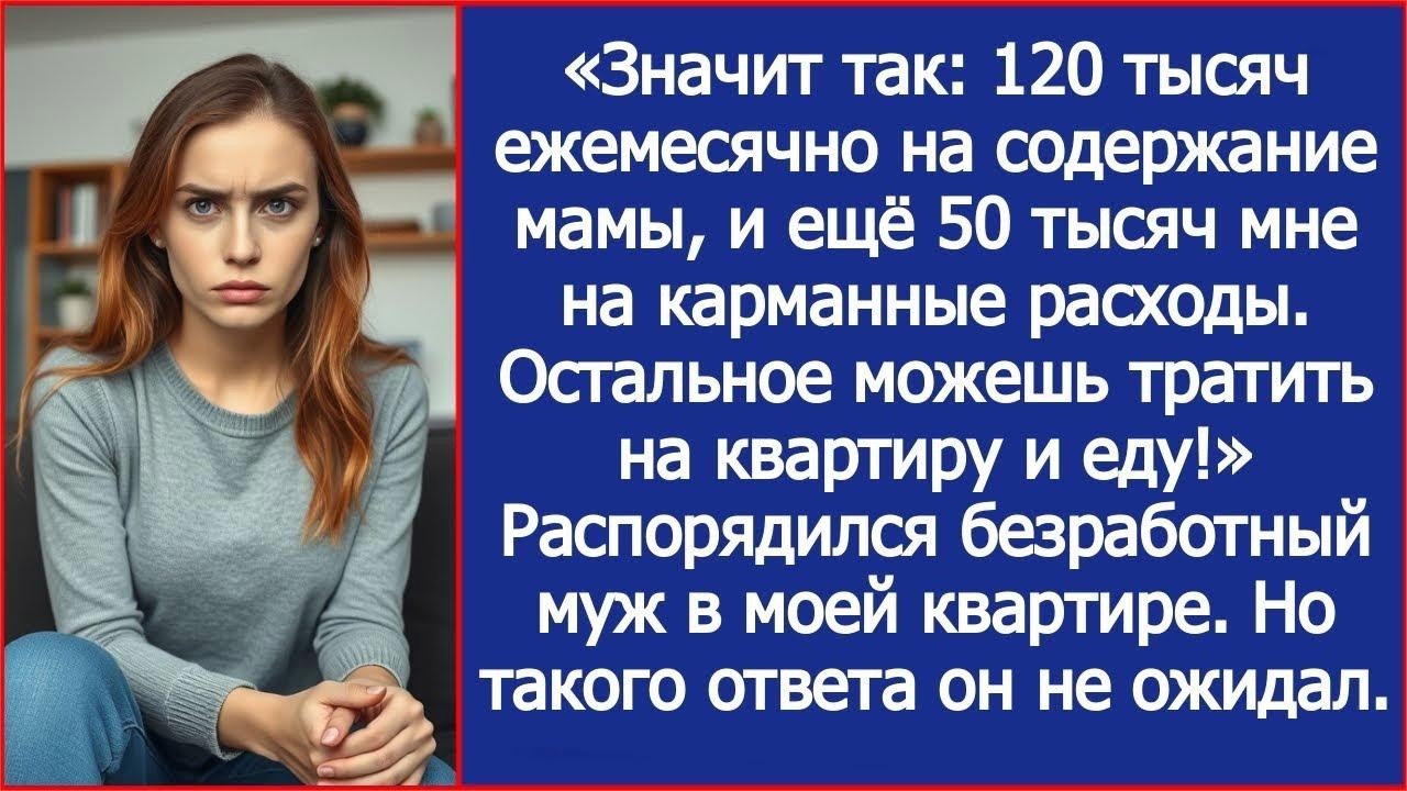 120 тысяч ежемесячно на содержание мамы, 50 мне на карманные расходы. Распорядился безработный муж.