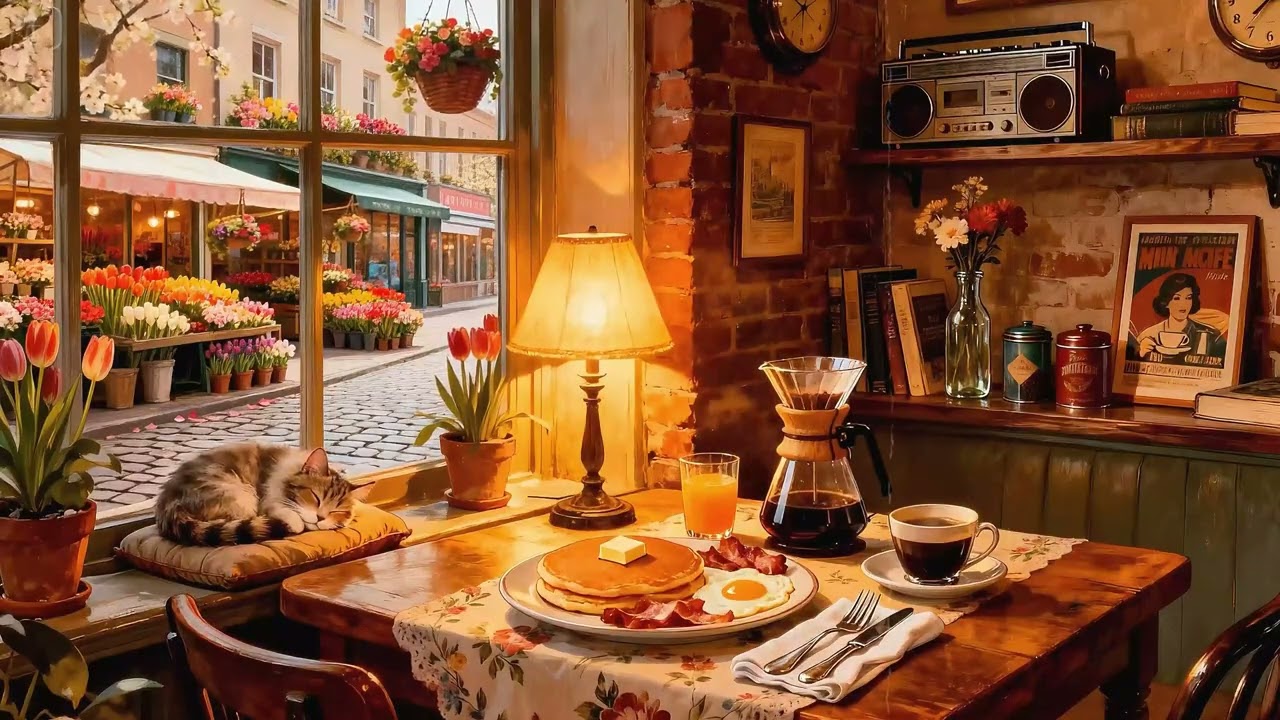 Cozy Spring Morning at a Village Café ☕ Vintage Jazz & Relaxing Coffee Shop Ambience