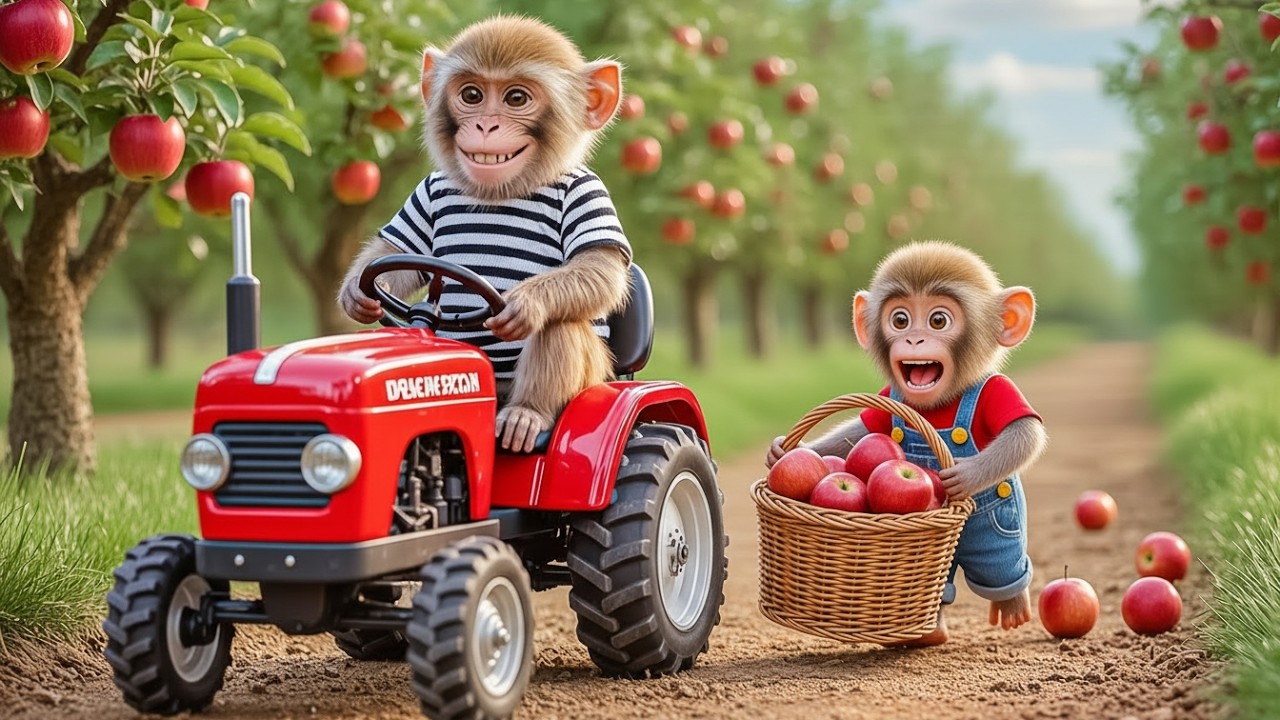 Monkey Ride Tractor Cute Baby Monkey Drives Tractor to Harvest Apples ๐๐๐ - YouTube