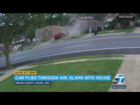 Video shows out-of-control car fly through air, slam into house