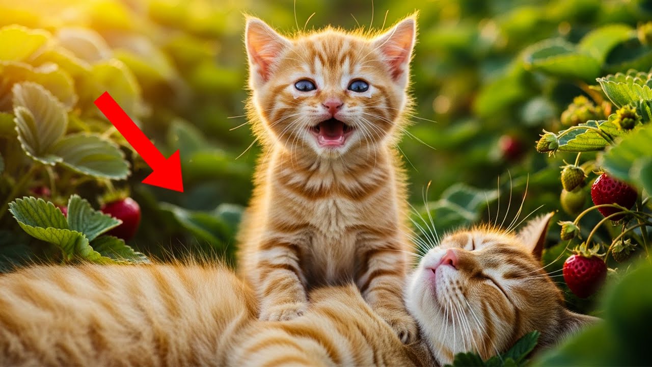 Мама-кошка потеряла сознание от теплового удара, собирая клубнику. Котёнок пытается её спасти.