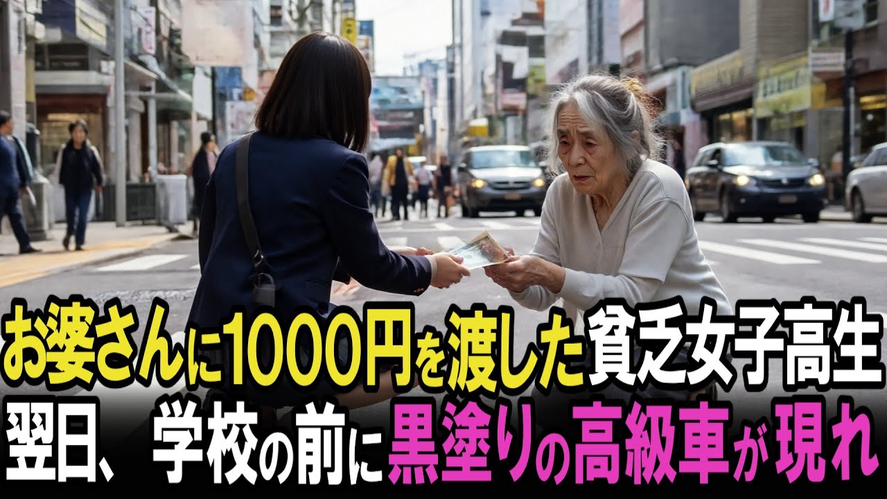 お婆さんに1000円を渡した貧乏女子高生。翌日、学校の前に黒塗りの高級車が現れ...