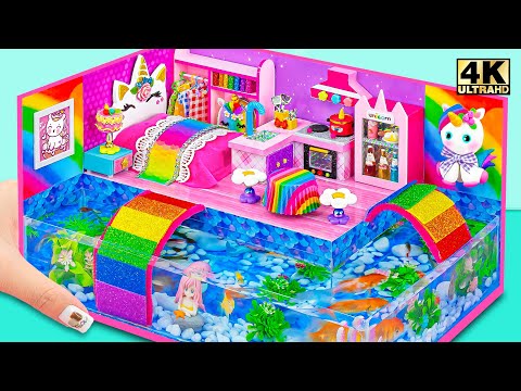 How To Make Cute Rainbow Unicorn House with Aquarium Around from Cardboard ❤️ DIY Miniature House