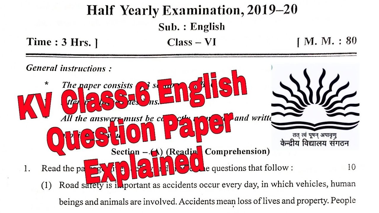 Class 6 ENGLISH Question Paper KV Half Yearly Exam Papers For