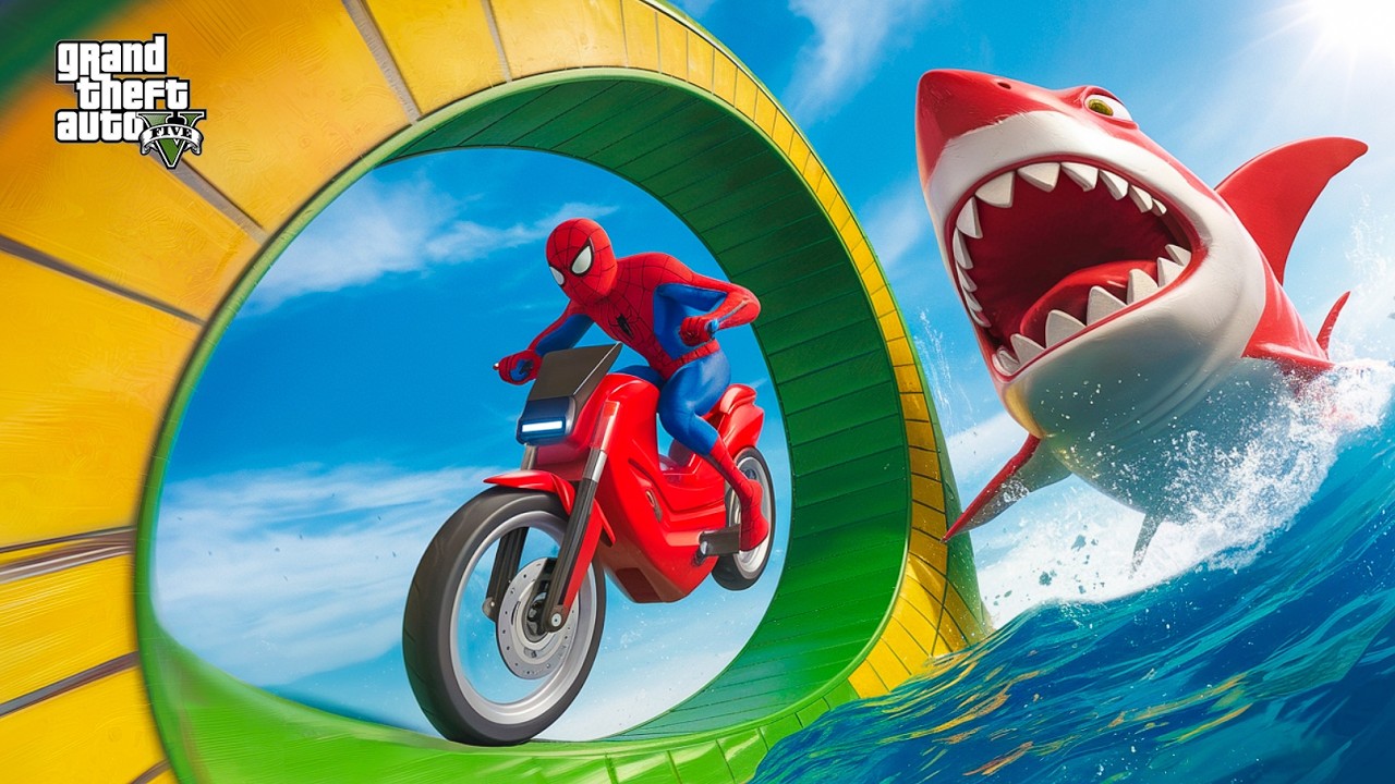 SPIDER MAN and HEROS Takes on Spiral Bridge Stunt Ride - Sharks🦺🥽 - YouTube