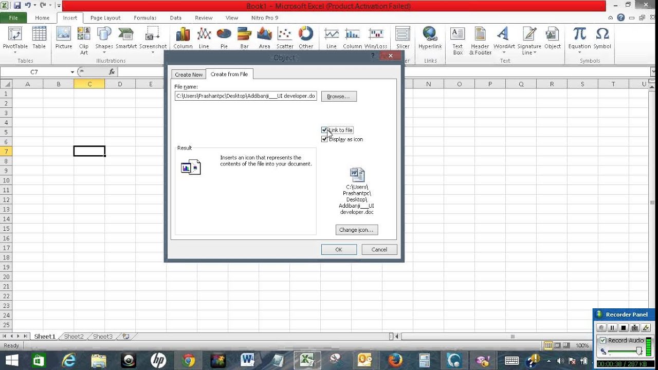 Embed A Word Document In Excel Youtube