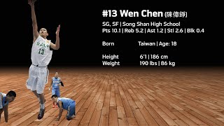 #13 Wen Chen (陳偉錚) | 松山高中 | 6’1(186cm) | 190 lbs(86kg) | SG/SF | Age: 18