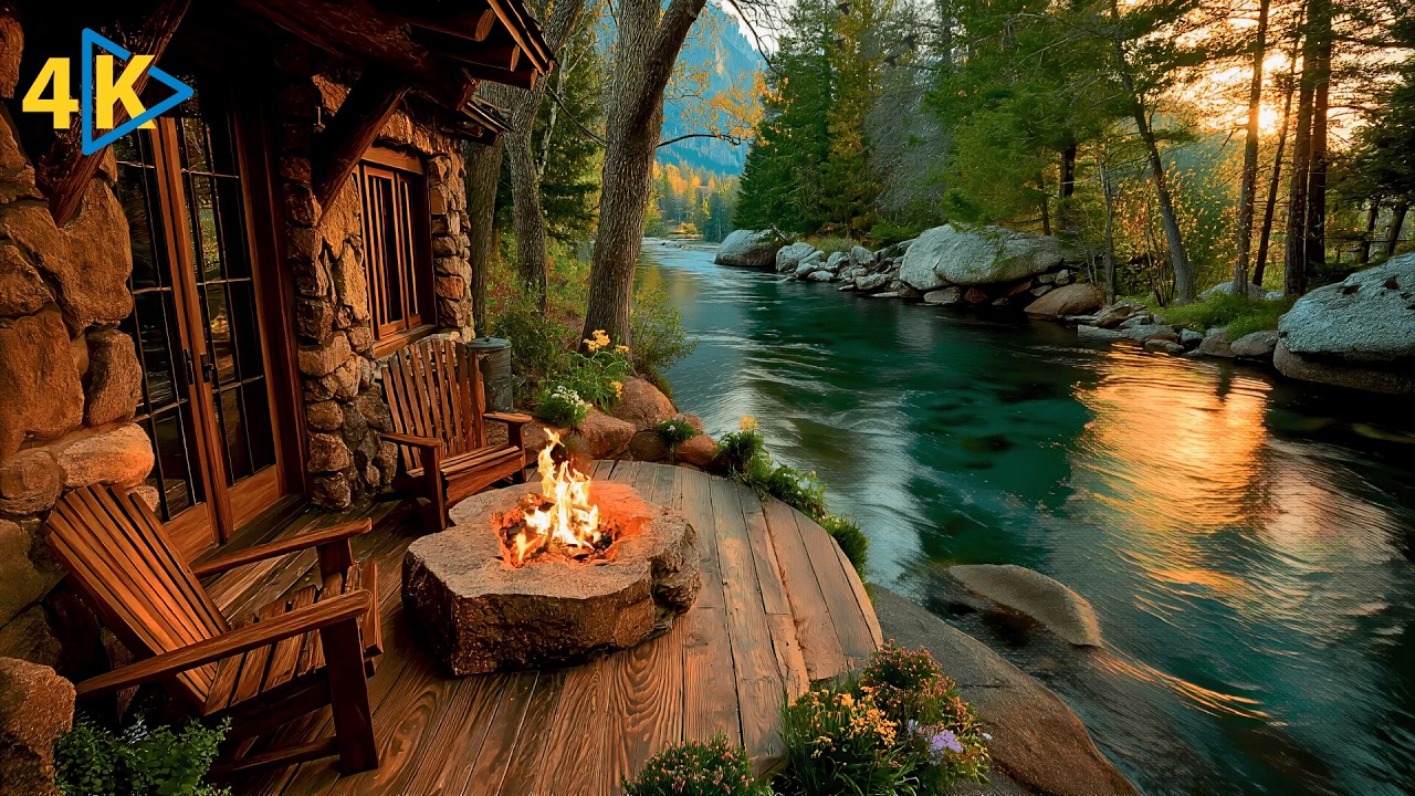 🌿 Spring Riverside Cabin Ambience | Calm River, Birds & Fire Sounds 4K