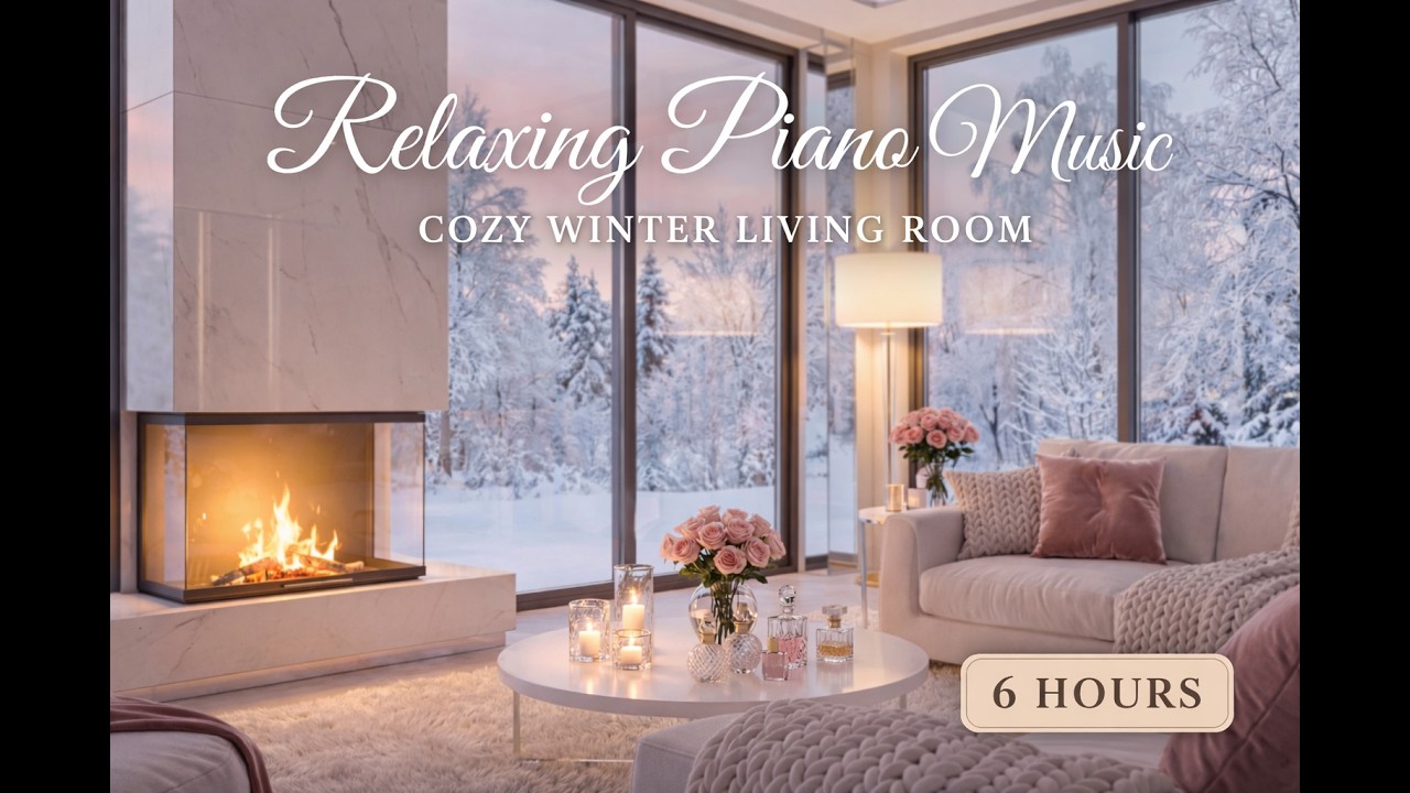Cozy Winter Fireplace Ambience in Luxury Snowy Living Room | 6 Hours of Relaxing Piano Music (4K)