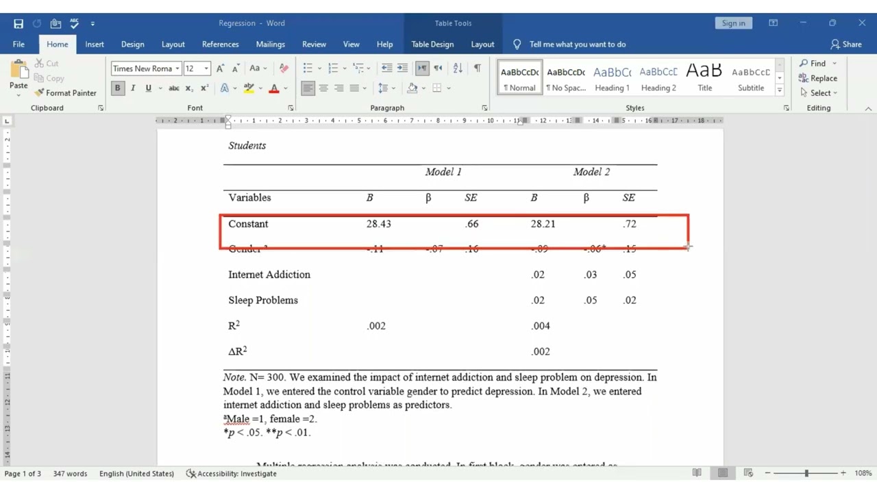 Simple Regression Table According To