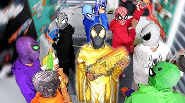 GOLD is New SuperHero ? Hey , 9 Spider-Man Bros Take a Nerf Gun and Go To Trainning ( Comedy Video )