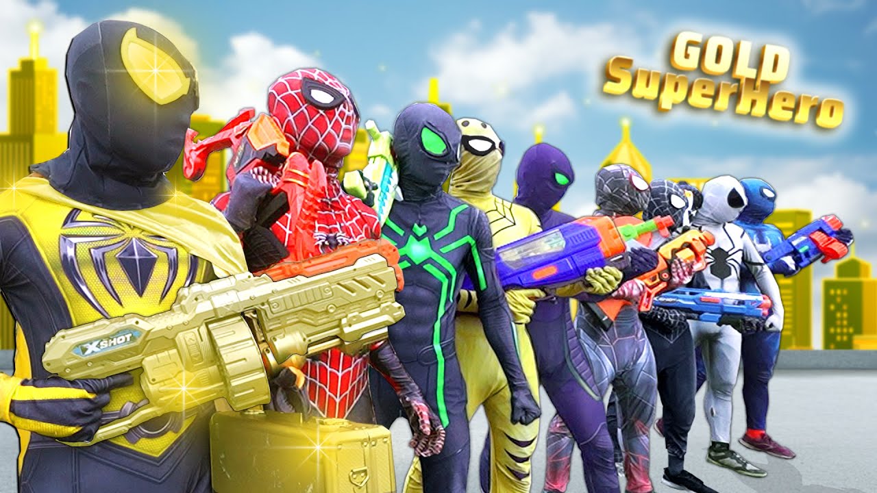 GOLDEN is New SuperHero ? Hey All Spider-Man Bros Take Nerf Gun and Go To Trainning ( Comedy Funny )