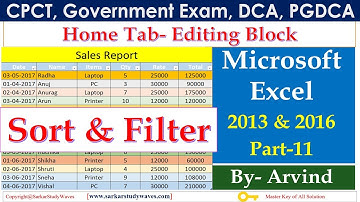 11 MS Excel 2013/2016- Home Tab- Advance Sort & Filter Sheet Data by Arvind
