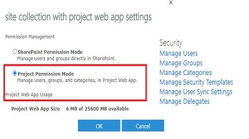 Enable Project Permission Mode Security Settings option on Project Web App PWA