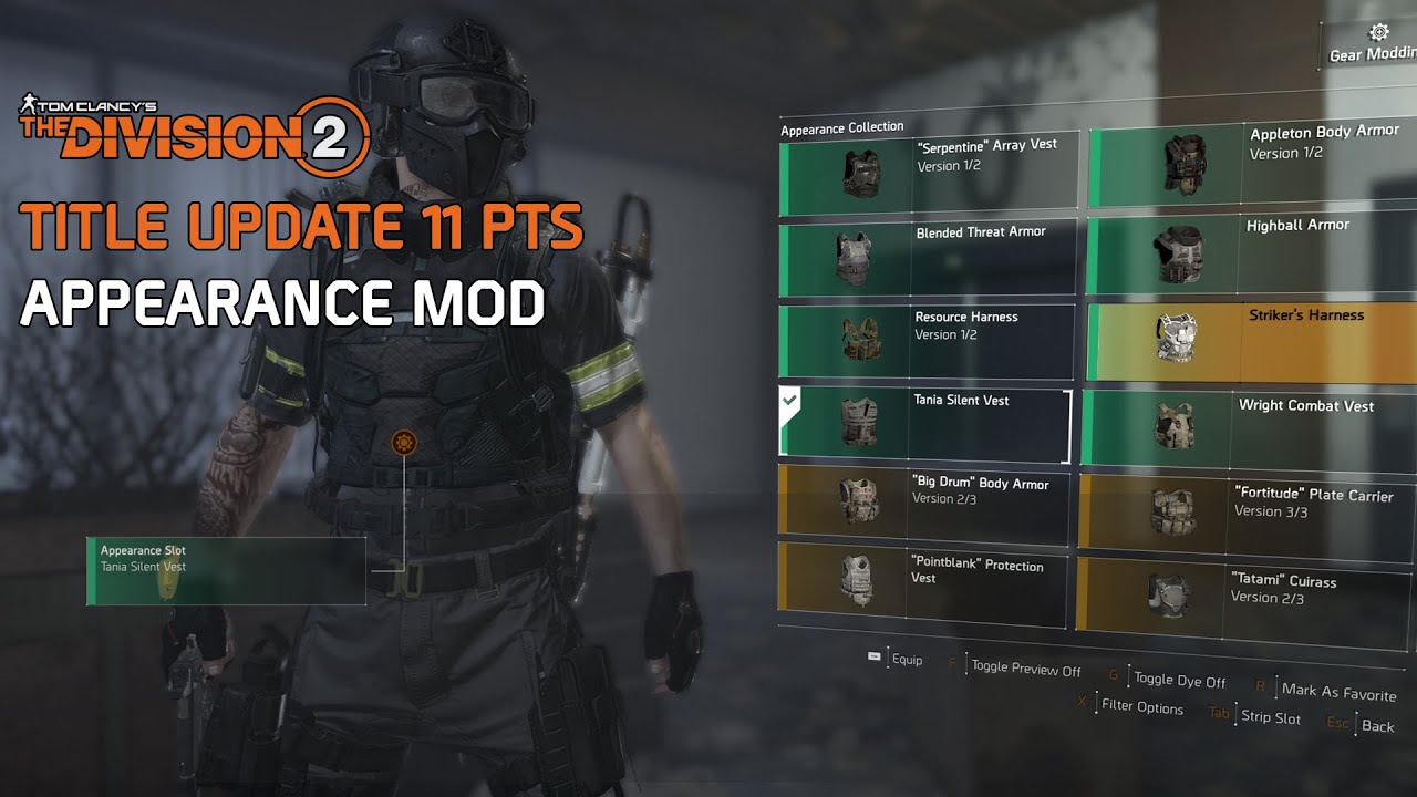 The Division 2 PTS - TU11 - GEAR TRANSMOG/ APPEARANCE MOD