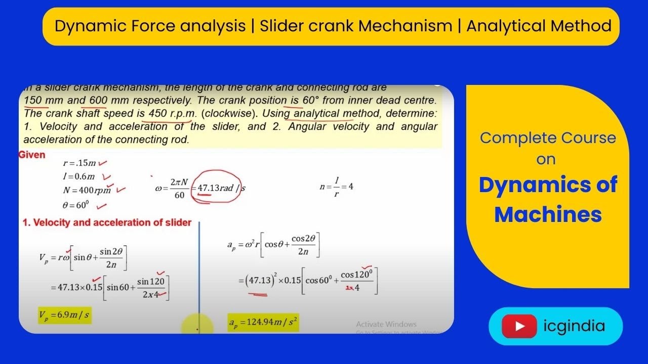 Lecture 1.2.3 Dynamic Force Analysis| Problem 2 | Slider crank ...