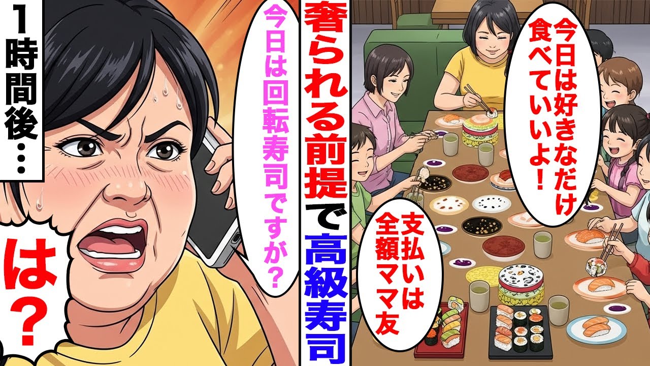 【漫画】奢られる前提で高級寿司を食い散らかす嫁→1時間経ってもママ友が来ないので電話をすると…【スカッと】 【ママスカ】