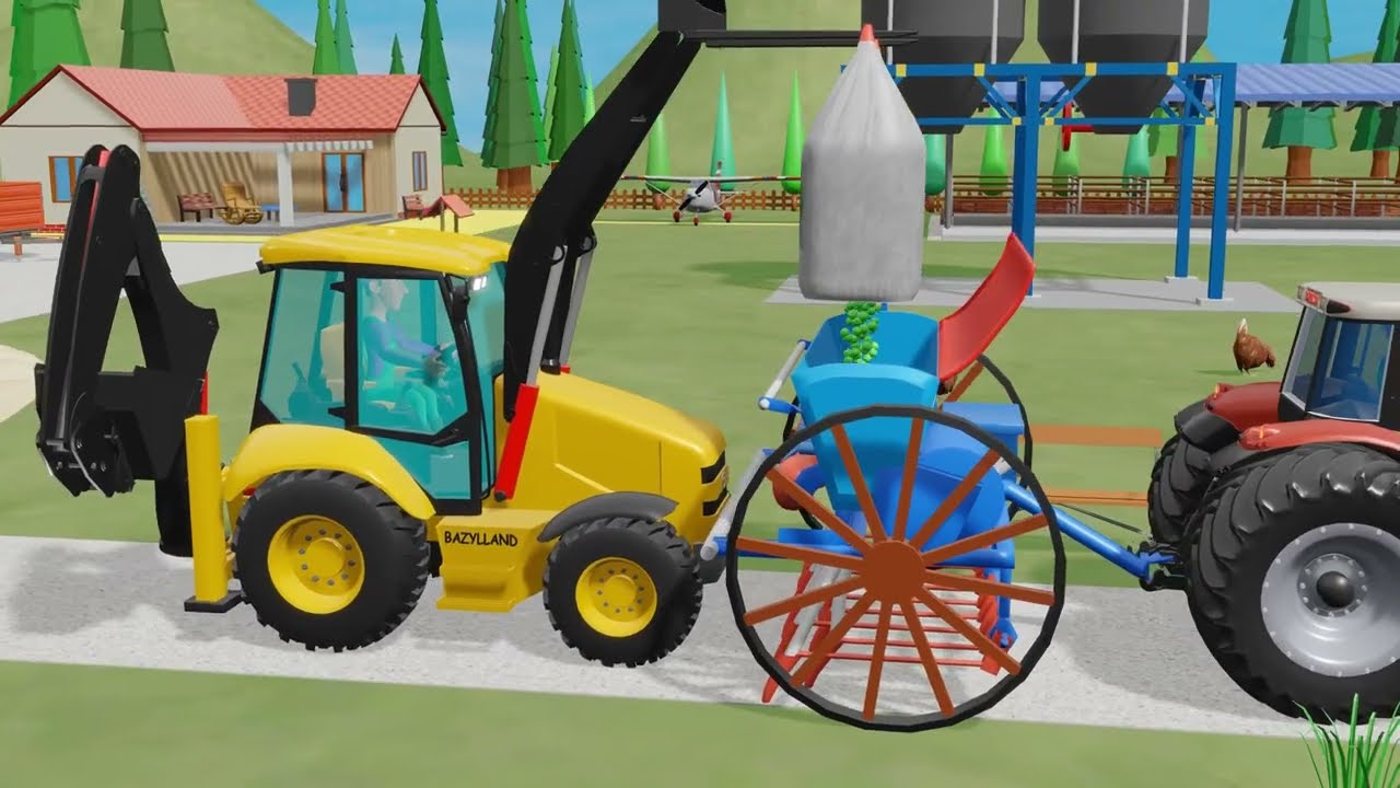 Colorful tractors in the and felling a dead Tree A new