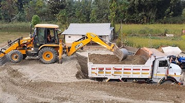 JCB Backhoe Loading Gravel in Dump Truck - JCB Working on Crusher - 4K Video