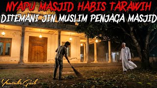 The mosque guard sweeps the yard after Tarawih prayers, always accompanied by a jinn.