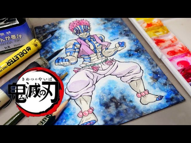 鬼滅の刃】【⚠️声有り】 水彩とつけペンで猗窩座を描いてみた