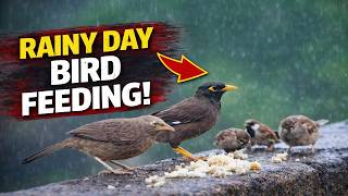 Jungle Babbler, Myna & Sparrows Eating Bread on Rainy Day Wall | Beautiful Bird View in Nature screenshot 5