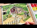 Hobbit house jelly gouache landscape painting   paint with me 