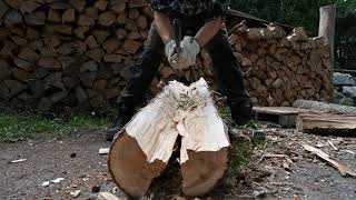 Splitting cedar log for canoe sheathing