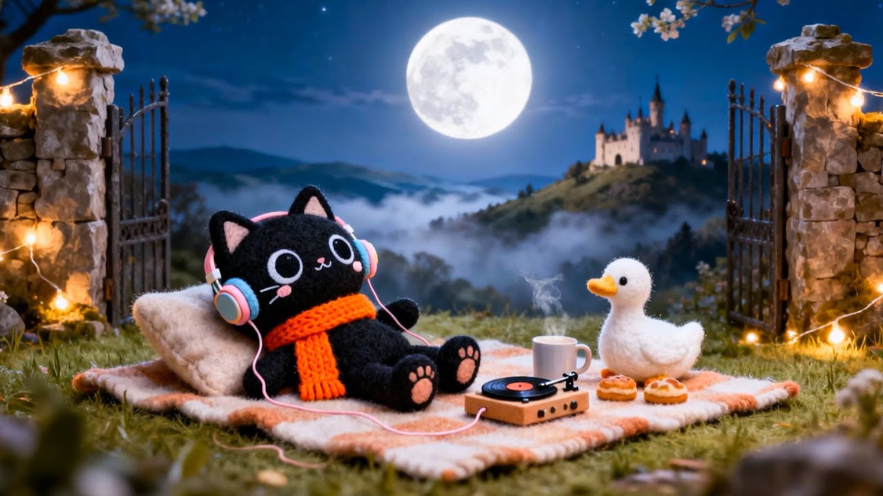 Peaceful Full Moon Evening 🌙☕ Cozy Lofi Cat Listening to Music | Study / Relax