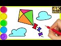 Flying kite  how to draw kite  flying with clouds colouring drawing step by step drawing by arya