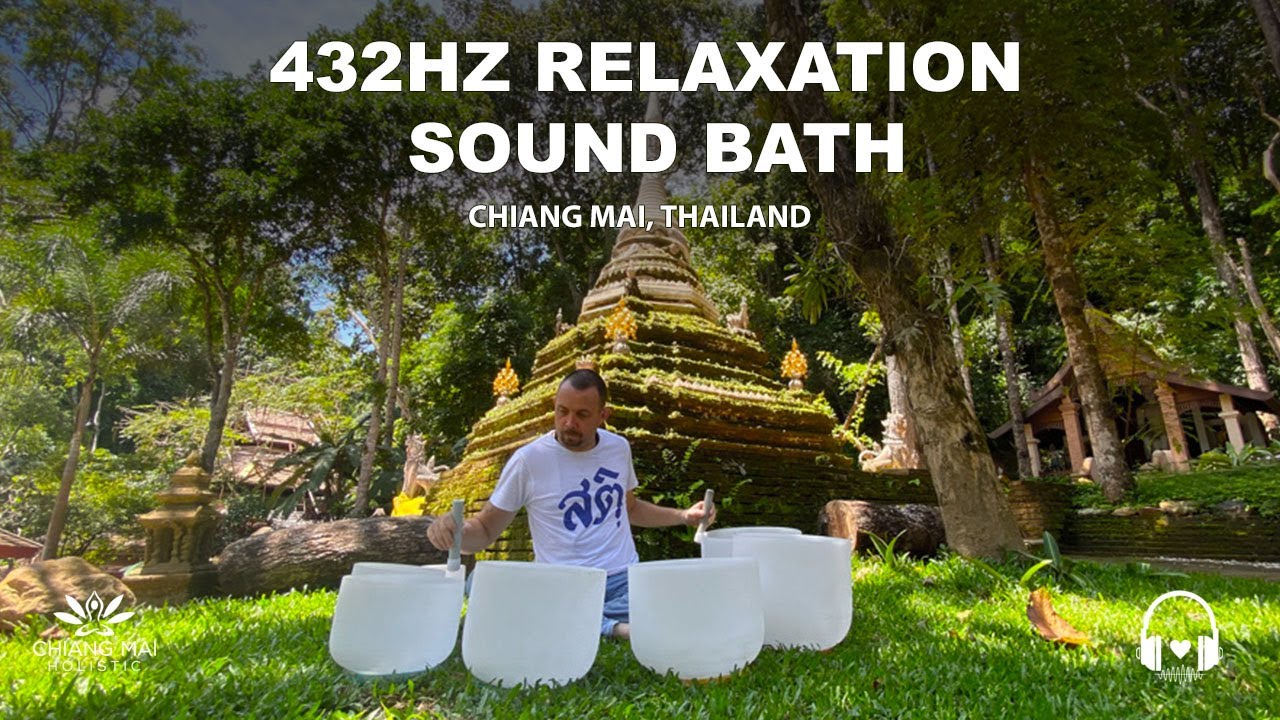 432Hz Birds \u0026 Crystal Singing Bowls Sound Bath Thai Temple
