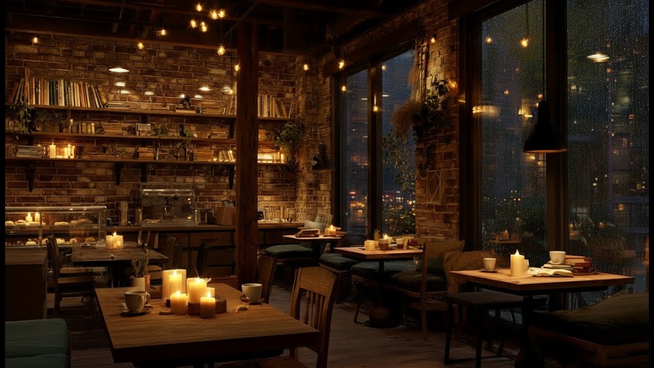 Rainy Jazz Cafe Night Ambience | Cozy Candlelight Jazz for Work, Study, Relax, Sleep