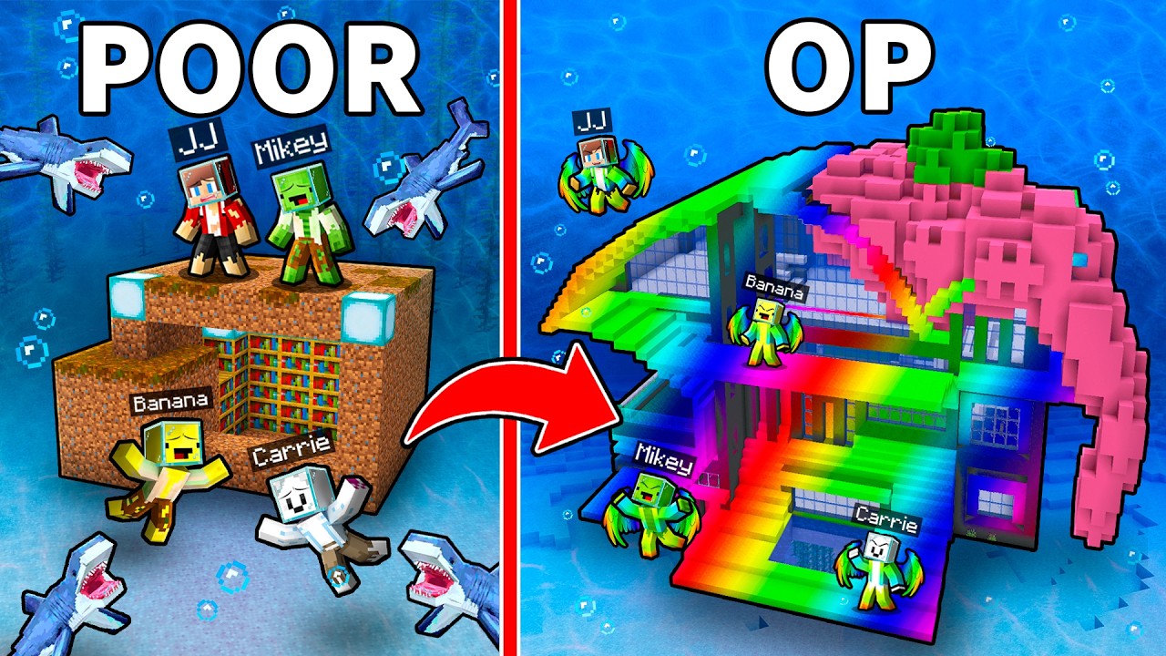 JJ, Mikey and Friends: From POOR To RICH Underwater House Evolution in Minecraft - Maizen